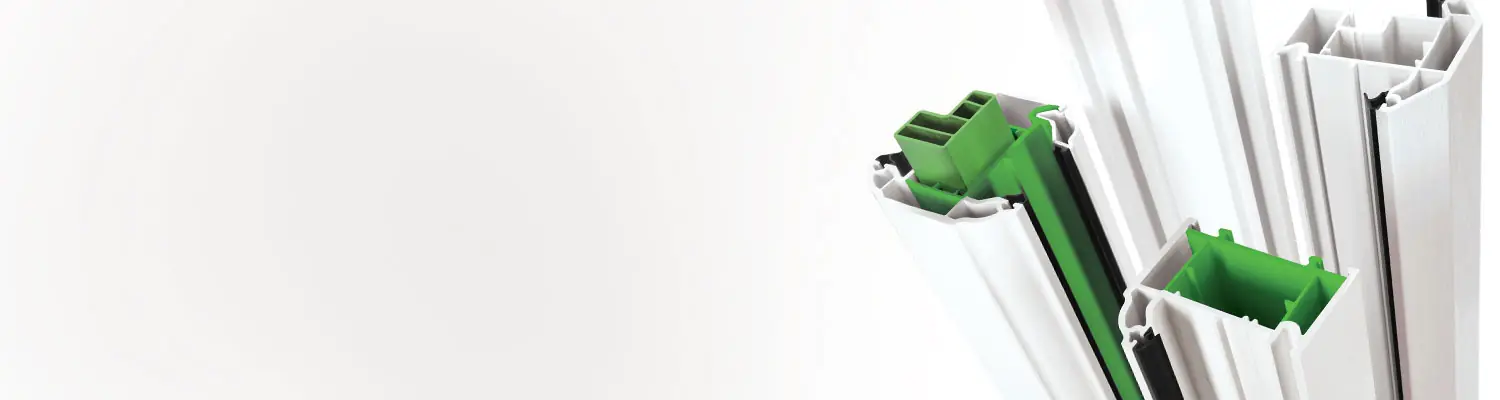 Cutaway of a white uPVC window frame profile
